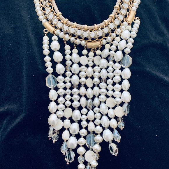 CHICO'S Statement Necklace Goldtone, Rhinestones and Faux Pearls - Picture 2 of 9